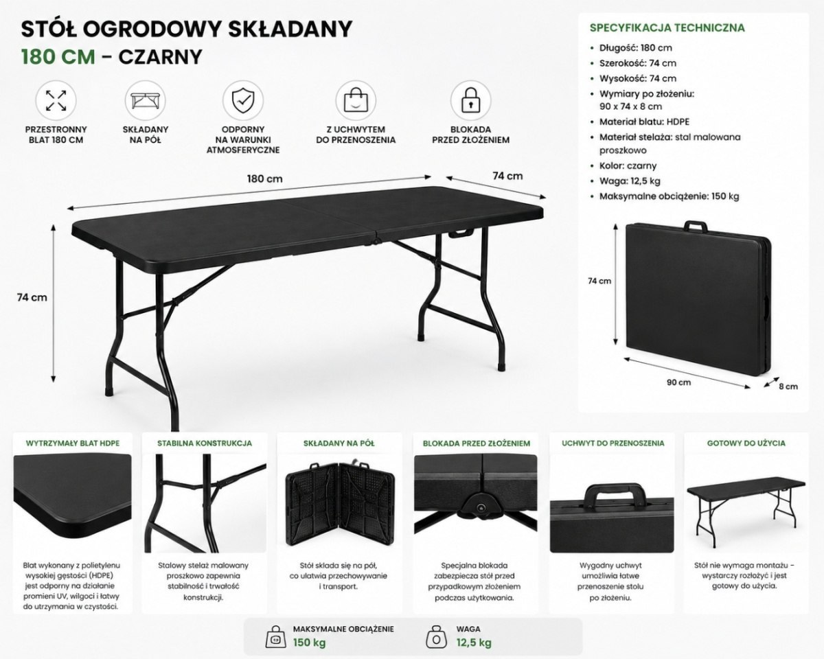 Zahradní stůl skládací 180 cm černý HDPE kufr kempingový 00012280